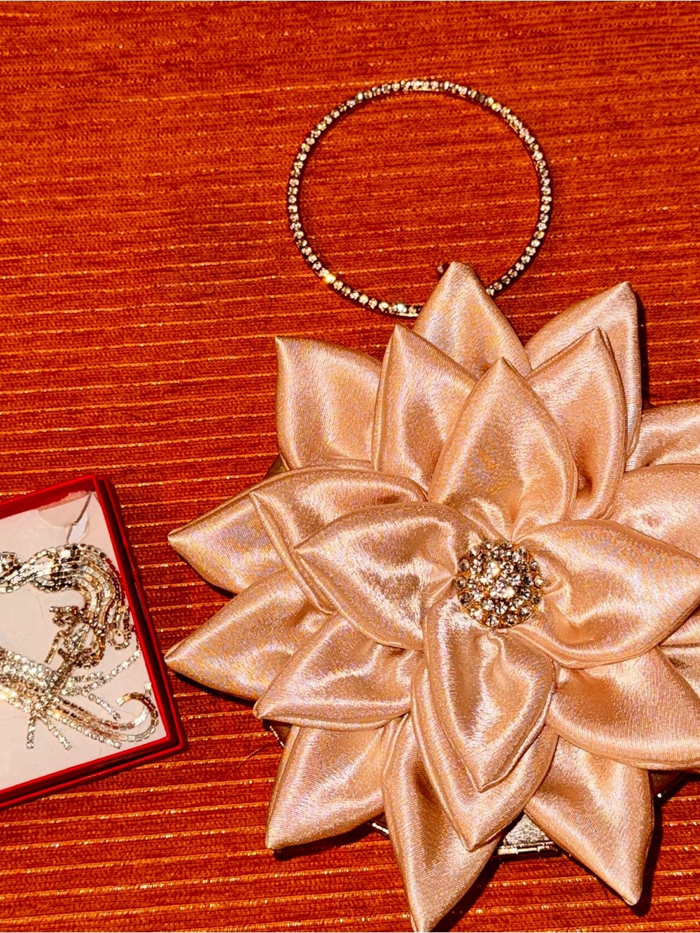 Luxury Satin Floral Clutch Bag in Champagne / Silver Rhinestone Earrings